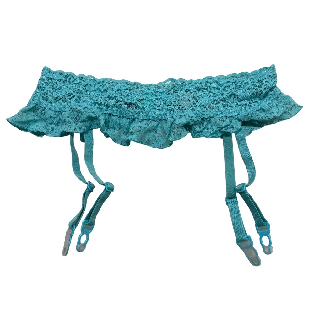 Victoria's Secret Teal Floral Details Lace Mesh Garter Belt, Size XS/S